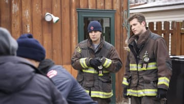CHICAGO FIRE -- "Run Like Hell" Episode 1114 -- Pictured: (l-r) Alberto Rosende as Blake Gallo, Jake Lockett as Carver -- (Photo by: Adrian S Burrows Sr/NBC)