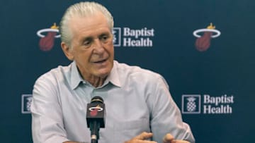 Miami Heat president Pat Riley speaks with members of the media during his season-ending news conference at the AmericanAirlines Arena in downtown Miami on Saturday, April 13, 2019. (Matias J. Ocner/Miami Herald/TNS via Getty Images)
