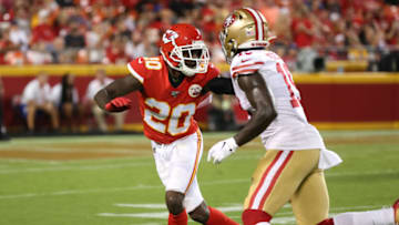 KANSAS CITY, MO - AUGUST 24: Kansas City Chiefs cornerback Morris Claiborne (20) covers San Francisco 49ers wide receiver Deebo Samuel (19)in the third quarter of an NFL preseason game between the San Francisco 49ers and Kansas City Chiefs on August 24, 2019 at Arrowhead Stadium in Kansas City, MO. (Photo by Scott Winters/Icon Sportswire via Getty Images)