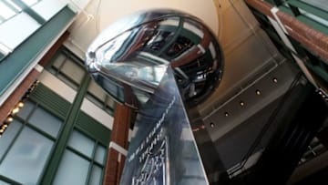 GREEN BAY, WI - AUGUST 31: A larger than life sculpture replica of the Vince Lombardi Trophy sits inside the Lambeau Field atrium inside Lambeau Field, home of the Green Bay Packers football team on August 31, 2015 in Green Bay, Wisconsin. (Photo By Raymond Boyd/Getty Images)
