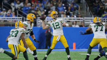 DETROIT, MI - DECEMBER 29: Aaron Rodgers #12 of the Green Bay Packers makes a short pass during the first quarter of the game against the Detroit Lions at Ford Field on December 29, 2019 in Detroit, Michigan. (Photo by Leon Halip/Getty Images)