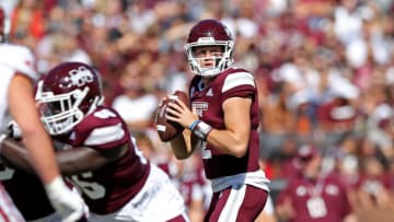 STARKVILLE, MISSISSIPPI - OCTOBER 08: Will Rogers #2 of the Mississippi State Bulldogs looks to pass during the game against the Arkansas Razorbacks at Davis Wade Stadium on October 08, 2022 in Starkville, Mississippi. (Photo by Justin Ford/Getty Images)