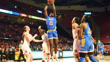 COLLEGE PARK, MD - MARCH 25: Michaela Onyenwere #21 of the UCLA Bruins drives to the basket in the first half during a NCAA Women's Basketball Tournament - Second Round game against the Maryland Terrapins at the Xfinity Center Center on March 25, 2019 in College Park, Maryland. (Photo by Mitchell Layton/Getty Images)