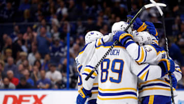 TAMPA, FLORIDA - NOVEMBER 05: Jeff Skinner #53 of the Buffalo Sabres celebrates a goal on Brian Elliott #1 of the Tampa Bay Lightning during a game at Amalie Arena on November 05, 2022 in Tampa, Florida. (Photo by Mike Ehrmann/Getty Images)