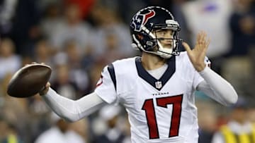Sep 22, 2016; Foxborough, MA, USA; Houston Texans quarterback Brock Osweiler (17) makes a pass during the third quarter against the New England Patriots at Gillette Stadium. Mandatory Credit: Greg M. Cooper-USA TODAY Sports