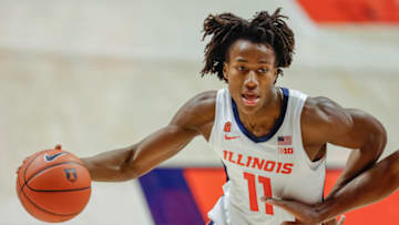 CHAMPAIGN, IL - JANUARY 10: Ayo Dosunmu #11 of the Illinois Fighting Illini dribbles the ball during the game against the Maryland Terrapins at State Farm Center on January 10, 2021 in Champaign, Illinois. (Photo by Michael Hickey/Getty Images)