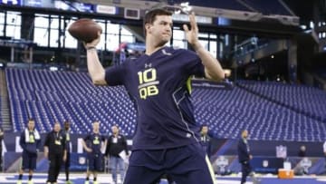 Feb 23, 2014; Indianapolis, IN, USA; Alabama Crimson Tide quarterback A.J. McCarron throws the ball during the 2014 NFL Combine at Lucas Oil Stadium. Mandatory Credit: Brian Spurlock-USA TODAY Sports
