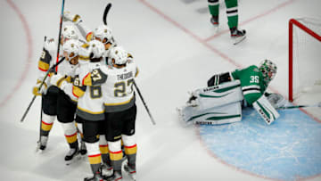 Vegas Golden Knights defenseman Shea Theodore (27) celebrate a goal against Dallas Stars goaltender Anton Khudobin (35) during the third period in game three. Mandatory Credit: Perry Nelson-USA TODAY Sports