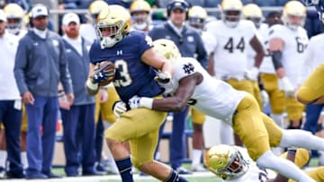 Apr 13, 2019; Notre Dame, IN, USA; Notre Dame Fighting Irish running back Kyren Williams (23) carries the ball in the first quarter of the Blue-Gold Game at Notre Dame Stadium. Mandatory Credit: Matt Cashore-USA TODAY Sports