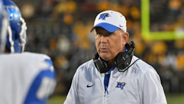 Oct 22, 2016; Columbia, MO, USA; Middle Tennessee Blue Raiders head coach Rick Stockstill congratulates players coming off the field during the second half against the Missouri Tigers at Faurot Field. Middle Tennessee won 51-45. Mandatory Credit: Denny Medley-USA TODAY Sports
