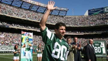 EAST RUTHERFORD, NJ - SEPTEMBER 23: Former Wide Receiver Wayne Chrebet #80 of the New York Jets is honored at halftime at Giants Stadium, The Meadowlands, East Rutherford, New Jersey. Chrebet's career ended due to repeated concussions. Jets defeated the Miami Dolphins 31-28. (Photo by Al Pereira/Getty Images)