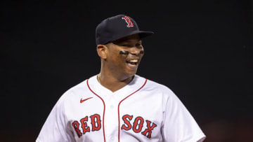 BOSTON, MA - SEPTEMBER 2: Rafael Devers #11 of the Boston Red Sox reacts during the third inning of a game against the Atlanta Braves on September 2, 2020 at Fenway Park in Boston, Massachusetts. (Photo by Billie Weiss/Boston Red Sox/Getty Images)