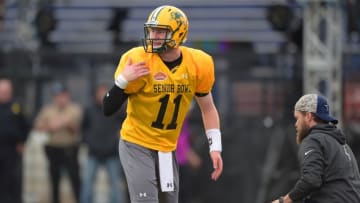 Jan 27, 2016; Mobile, AL, USA; North squad quarterback Carson Wentz of North Dakota State (11) stretches during Senior Bowl practice at Ladd-Peebles Stadium. Mandatory Credit: Glenn Andrews-USA TODAY Sports