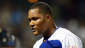 Aug 31, 2016; New York City, NY, USA; New York Mets relief pitcher Jeurys Familia (27) reacts at the end of the game against the Miami Marlins at Citi Field. Mandatory Credit: Noah K. Murray-USA TODAY Sports