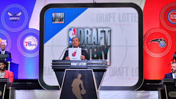 NEW YORK, NY - MAY 16: Deputy Commissioner of the NBA, Mark Tatum announces the Miami Heat's 14th pick during the 2017 NBA Draft Lottery at the New York Hilton in New York, New York. NOTE TO USER: User expressly acknowledges and agrees that, by downloading and or using this Photograph, user is consenting to the terms and conditions of the Getty Images License Agreement. Mandatory Copyright Notice: Copyright 2017 NBAE (Photo by Jesse D. Garrabrant/NBAE via Getty Images)