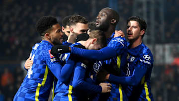 LUTON, ENGLAND - MARCH 02: Romelu Lukaku of Chelsea celebrates with teammates after scoring their team's third goal during the Emirates FA Cup Fifth Round match between Luton Town and Chelsea at Kenilworth Road on March 02, 2022 in Luton, England. (Photo by Michael Regan/Getty Images)