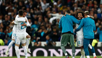 MADRID, SPAIN - MAY 01: The players of Real Madrid celebrate after scoring during the UEFA Champions League Semi Final Second Leg match between Real Madrid and Bayern Muenchen at Estadio Santiago Bernabeu on May 1, 2018 in Madrid, Spain. (Photo by Helios de la Rubia/Real Madrid via Getty Images)