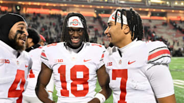 COLLEGE PARK, MARYLAND - NOVEMBER 19: Marvin Harrison Jr. #18 and C.J. Stroud #7 of the Ohio State Buckeyes celebrate a victory against the Maryland Terrapins at SECU Stadium on November 19, 2022 in College Park, Maryland. (Photo by G Fiume/Getty Images)