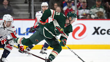 ST. PAUL, MN - FEBRUARY 15: Minnesota Wild Defenceman Gustav Olofsson (23) skates with the puck during a NHL game between the Minnesota Wild and Washington Capitals on February 15, 2018 at Xcel Energy Center in St. Paul, MN. The Capitals defeated the Wild 5-2. (Photo by Nick Wosika/Icon Sportswire via Getty Images)