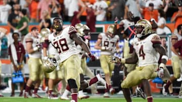 Oct 8, 2016; Miami Gardens, FL, USA; Florida State Seminoles tight end Mavin Saunders (88) celebrates during the second half against the Miami Hurricanes at Hard Rock Stadium. FSU won 20-19. Mandatory Credit: Steve Mitchell-USA TODAY Sports