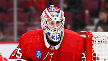Apr 1, 2023; Montreal, Quebec, CAN; Montreal Canadiens goalie Sam Montembeault (35) looks towards the play against the Carolina Hurricanes during the second period at Bell Centre. Mandatory Credit: David Kirouac-USA TODAY Sports