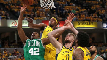 INDIANAPOLIS, IN - APRIL 21: Boston Celtics center Al Horford (42) battles Indiana Pacers center Myles Turner (33) for a rebound in the first quarter. The Indiana Pacers host the Boston Celtics in Game 4 of Round 1 of the Eastern Conference Playoffs at Bankers Life Field House in Indianapolis on April 21, 2019. (Photo by Barry Chin/The Boston Globe via Getty Images)