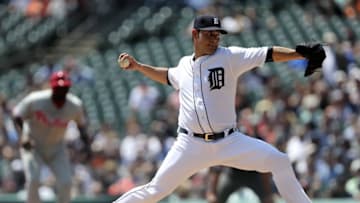 May 25, 2016; Detroit, MI, USA; Detroit Tigers starting pitcher Anibal Sanchez (19) throws the ball against the Philadelphia Phillies during the second inning at Comerica Park. Mandatory Credit: Raj Mehta-USA TODAY Sports
