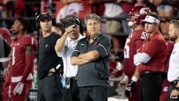 PULLMAN, WA - SEPTEMBER 09: Head coach Mike Leach of the Washington State Cougars looks on in the game against the Boise State Broncos at Martin Stadium on September 9, 2017 in Pullman, Washington. Washington State defeated Boise State 47-44 in triple overtime. (Photo by William Mancebo/Getty Images)