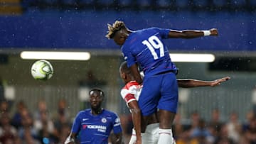 7th August 2018, Stamford Bridge, London, England; Pre Season football friendly, Chelsea versus Lyon; Tammy Abraham of Chelsea attempted header for goal from a cross goes wide (photo by John Patrick Fletcher/Action Plus via Getty Images)