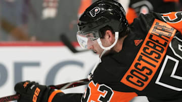 PHILADELPHIA, PA - MARCH 31: Shayne Gostisbehere #53 of the Philadelphia Flyers warms up against the New York Rangers on March 31, 2019 at the Wells Fargo Center in Philadelphia, Pennsylvania. (Photo by Len Redkoles/NHLI via Getty Images)