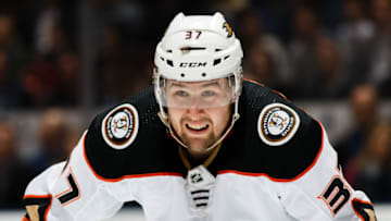TORONTO, ON - FEBRUARY 05: Nick Ritchie #37 of the Anaheim Ducks looks on against the Toronto Maple Leafs during the first period at the Air Canada Centre on February 5, 2018 in Toronto, Ontario, Canada. (Photo by Kevin Sousa/NHLI via Getty Images)