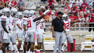 Sep 2, 2023; Bloomington, Indiana, USA; Ohio State Buckeyes head coach Ryan Day leads warmups prior to the NCAA football game at Indiana University Memorial Stadium.