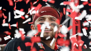 NEW ORLEANS, LA - JANUARY 02: Baker Mayfield #6 of the Oklahoma Sooners celebrates after defeating the Auburn Tigers 35-19 during the Allstate Sugar Bowl at the Mercedes-Benz Superdome on January 2, 2017 in New Orleans, Louisiana. (Photo by Jonathan Bachman/Getty Images)