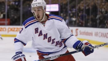 Feb 18, 2016; Toronto, Ontario, CAN; New York Rangers forward Kevin Hayes (13) during the pre game warm up against the Toronto Maple Leafs at the Air Canada Centre. Mandatory Credit: John E. Sokolowski-USA TODAY Sports