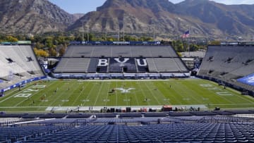 Oct 10, 2020; Provo, UT, USA; LaVell Edwards Stadium is shown before the start an NCAA college football game between BYU and UTSA Saturday, Oct. 10, 2020, in Provo, Utah. Mandatory Credit: Rick Bowmer/Pool Photo-USA TODAY Sports