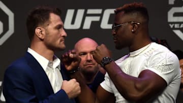 LAS VEGAS, NV - DECEMBER 29: (L-R) Opponents Stipe Miocic and Francis Ngannou face off during the UFC 220 press conference inside T-Mobile Arena on December 29, 2017 in Las Vegas, Nevada. (Photo by Jeff Bottari/Zuffa LLC/Zuffa LLC via Getty Images)