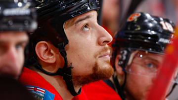 CALGARY, AB - MARCH 29: Chris Stewart of the Calgary Flames takes a break in an NHL game on March 29, 2018 at the Scotiabank Saddledome in Calgary, Alberta, Canada. (Photo by Gerry Thomas/NHLI via Getty Images)