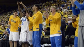 Dec 3, 2015; Los Angeles, CA, USA; The UCLA Bruins bench celebrates late during the second half against the Kentucky Wildcats at Pauley Pavilion. Mandatory Credit: Richard Mackson-USA TODAY Sports
