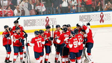 SUNRISE, FL - FEBRUARY 22: The Florida Panthers celebrate their 3-2 win against the Washington Capitals at the BB