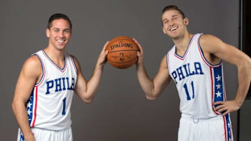 Sep 26, 2016; Philadelphia, PA, USA; Philadelphia 76ers guard T.J. McConnell (1) and guard Nik Stauskas (11) during media day at the Philadelphia 76ers Training Complex. Mandatory Credit: Bill Streicher-USA TODAY Sports
