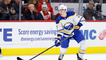 Nov 30, 2022; Detroit, Michigan, USA; Buffalo Sabres right wing Jack Quinn (22) skates with the puck in the first period against the Detroit Red Wings at Little Caesars Arena. Mandatory Credit: Rick Osentoski-USA TODAY Sports