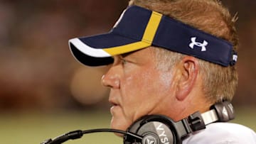 SOUTH BEND, IN - SEPTEMBER 05: Head coach Brian Kelly of the Notre Dame Fighting Irish on the sidelines during the fourth quarter during the game against the Texas Longhorns at Notre Dame Stadium on September 5, 2015 in South Bend, Indiana. (Photo by Jon Durr/Getty Images)