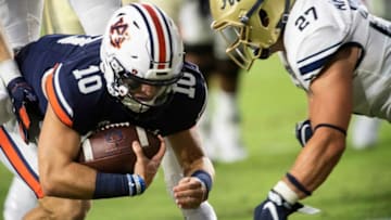 Auburn football quarterback Bo Nix (10) dives for a few extra yards at Jordan-Hare Stadium in Auburn, Ala., on Saturday, Sept. 4, 2021. Auburn Tigers leads Akron Zips 37-0.