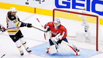 TORONTO, ONTARIO - AUGUST 09: Braden Holtby #70 of the Washington Capitals makes a save against David Pastrnak #88 of the Boston Bruins during the first period in an Eastern Conference Round Robin game during the 2020 NHL Stanley Cup Playoffs at Scotiabank Arena on August 09, 2020 in Toronto, Ontario, Canada. (Photo by Andre Ringuette/Freestyle Photo/Getty Images)