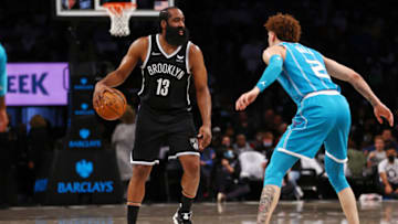 NEW YORK, NY - OCTOBER 24: James Harden #13 of the Brooklyn Nets in action against LaMelo Ball #2 of the Charlotte Hornets, NBA Power Rankings. (Photo by Rich Schultz/Getty Images)