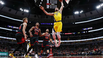 Mar 6, 2020; Chicago, Illinois, USA; Indiana Pacers forward Domantas Sabonis (11) drives to the basket against the Chicago Bulls during the first half at United Center. Mandatory Credit: Kamil Krzaczynski-USA TODAY Sports