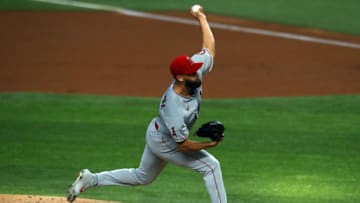 ARLINGTON, TEXAS - AUGUST 08: Patrick Sandoval #43 of the Los Angeles Angels throws against the Texas Rangers in the first inning at Globe Life Field on August 08, 2020 in Arlington, Texas. (Photo by Ronald Martinez/Getty Images)