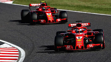 SUZUKA, JAPAN - OCTOBER 07: Sebastian Vettel of Germany driving the (5) Scuderia Ferrari SF71H leads Kimi Raikkonen of Finland driving the (7) Scuderia Ferrari SF71H on track during the Formula One Grand Prix of Japan at Suzuka Circuit on October 7, 2018 in Suzuka. (Photo by Charles Coates/Getty Images)