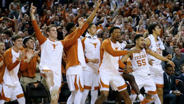 AUSTIN, TEXAS - JANUARY 19: The Texas Longhorn's bench reacts during second half action as they defeat the Oklahoma Sooners 75-72 at The Frank Erwin Center on January 19, 2019 in Austin, Texas. (Photo by Chris Covatta/Getty Images)