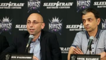 Jul 1, 2013; Sacramento, CA, USA; Sacramento Kings general manager Pete D Alessandro and majority owner Vivek Ranadive during a press conference at the Sleep Train Arena press room. Mandatory Credit: Kelley L Cox-USA TODAY Sports